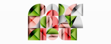 Soyut geometrik bileşim. Şekiller örtüşüyor, dinamik görsel doku oluşturuyor. Renkler arasında yeşil, kırmızı, gri renkler var. Modern tasarım ögesi.