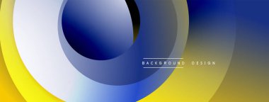 Soyut çemberler çakışıyor ve gradyan etki yaratıyor. Sarı, mavi renkler kompozisyona hakim. Minimalist tasarım uygun arka planlar.