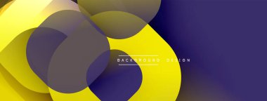 Soyut arkaplan özellikleri üst üste binen daireler, gradyanlar. Sarı, mor renkler modern görsel efektler yaratır. Metin arkaplan tasarımı okur.