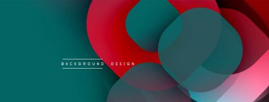 Soyut tasarım özellikleri üst üste binen daireler, gradyanlar. Teal, kırmızı, gri renkler modern görsel etki yaratır. Minimalist stil.