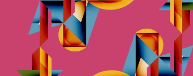 Soyut geometrik bileşim. Kalın şekiller kesişir, dinamik görsel ritim yaratır. Sıcak renkler, parlak pembe arka plandaki serin tonlara tezat oluşturur. Modern tasarım elemanları.