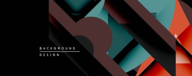 Soyut geometrik tasarım üst üste binen katmanlar, koyu arka plan, deniz mavisi, kestane rengi, turuncu renkler içerir. Modern estetik, dinamik kompozisyon, dijital projeler için uygun.