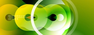 Soyut enerjik yeşil tasarım. Üst üste binen daireler dinamik görsel efekt yaratır. Yumuşak eğimler, modern estetik.