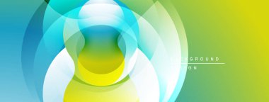 Soyut renkli tasarım. Üst üste binen daireler dinamik görsel efekt yaratır. Dereceli gölgeler mavi, yeşil, sarı renkleri harmanlıyor. Modern arkaplan.