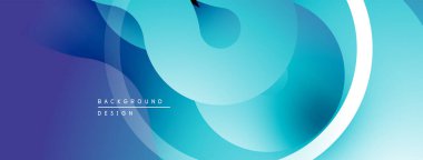 Soyut akışkan şekiller, mavi tonlar baskın. Beyaz daire kontrastı, modern tasarım unsurunu ekler. Arkaplan dinamik hareketi öneriyor.