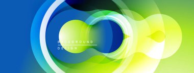 Soyut daireler örtüşüyor, parlak mavi, yeşil gradyanlar yaratıyor. Arkaplan ve sunumlar için modern tasarım ögesi.