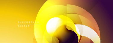 Soyut tasarım özellikleri üst üste binen daireler, gradyanlar. Sarı, portakal, mor dinamik görsel efekt yaratır. Modern, minimalist stil.