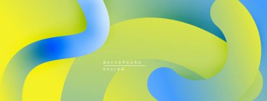Soyut sıvı şekiller, canlı renklerin karışımı. Sarı, yeşil, mavi dinamik bileşim oluşturur. Modern tasarım ögesi.