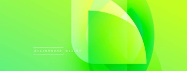 Parlak yeşil eğimli arka plan. Üstüste binen yarı saydam şekiller dinamik görsel efekt yaratır. Dijital projeler için modern tasarım ögesi.