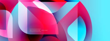 Soyut geometrik şekiller örtüşüyor, canlı renk eğimleri yaratıyor. Tasarım pembe, mavi, beyaz gibi modern estetik özellikler içerir..