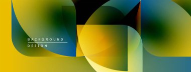 Soyut geometrik şekiller örtüşüyor, canlı renk eğimleri yaratıyor. Sarılar, maviler, yeşiller pürüzsüzce harmanlanır. Modern tasarım ögesi.