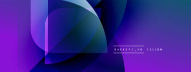 Soyut geometrik şekiller örtüşüyor, canlı mor ve mavi renkler yaratıyor. Modern tasarım teknoloji, yenilik, akıcılık öneriyor..