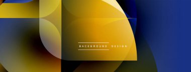 Soyut geometrik şekiller örtüşüyor, canlı renk eğimleri yaratıyor. Sarı, mavi, kahverengi tonlar tasarımda baskın. Modern estetik.