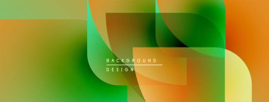 Soyut gradyanlar harmanlanarak katmanlanmış geometrik şekiller oluşturur. Turuncu, yeşil renkler kompozisyona hakim. Metin arkaplan tasarımı okur.