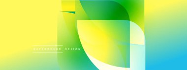 Soyut gradyan şekiller sarı, yeşil, mavi renkleri harmanlarlar. Modern tasarım akıcılığı, enerjiyi, görsel ilgiyi çağrıştırıyor. Düz geçişler dinamik bileşim yaratır.