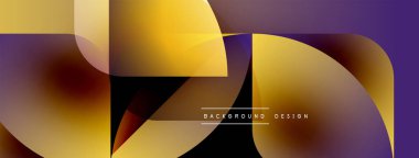 Soyut geometrik şekiller örtüşüyor, canlı renk eğimleri yaratıyor. Altın, mor, kahverengi renkler tasarımda baskın. Modern estetik.