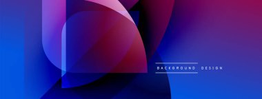 Soyut şekiller örtüşüyor, parlak mavi ve mor renkler yaratıyor. Modern tasarım elementleri dijital sanatı, pürüzsüz geçişleri öneriyor.