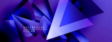 Soyut geometrik şekiller üst üste biniyor, dinamik mor, mavi renkler yaratıyor. Modern tasarım elementleri teknoloji ve yenilik öneriyor.