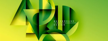 Soyut geometrik şekiller üst üste binerek dinamik sarı yeşil bileşim oluşturur. Metin arka plan tasarımı okur. Modern görsel element.