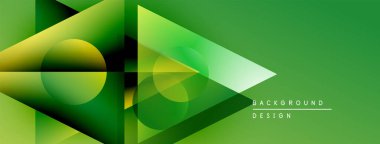 Soyut yeşil tasarım, üst üste binen geometrik şekiller. Daireler, üçgenler dinamik görsel efekt yaratır. Modern, canlı kompozisyon.