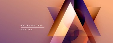 Soyut geometrik şekiller örtüşüyor, canlı renk eğimleri yaratıyor. Tasarım özellikleri üçgenler, daireler, yumuşak pembe, mor, portakallar.