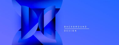 Soyut mavi tasarım harfleri oluşturan katmanlı şekiller içerir. Renkler derinlik yaratır, modern estetik. Metin arkaplan tasarımı okur.