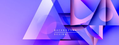 Soyut geometrik şekiller çakışıyor. Mavi, mor renkler dizaynın hakimi. Modern estetik, dinamik bileşim, gradyan etkisi.