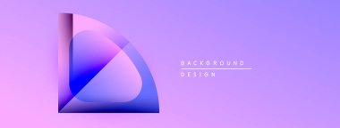 Soyut tasarım katmanlı şekiller, gradyan renkler. Mor, mavi renkler arka planda baskın, metin arka plan tasarımı okuyor. Minimalist estetik.