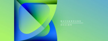 Soyut tasarım canlı mavi, yeşil gradyanlar içerir. Üst üste binen şekiller dinamik görsel efekt yaratır. Metin arkaplan tasarımı okur.