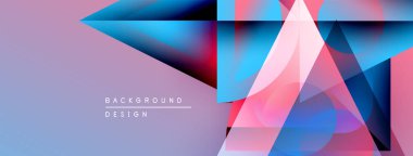 Soyut geometrik şekiller örtüşüyor, canlı renk eğimleri yaratıyor. Mor arka plan pembe, mavi renkleri tamamlar. Modern tasarım ögesi.