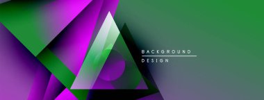 Soyut geometrik şekiller örtüşür, canlı gradyanlar yaratır. Yeşil, mor renkler tasarıma egemen, modern estetik. Arkaplanda metin ögeleri.