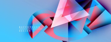 Soyut geometrik şekiller örtüşür, parlak mavi, pembe ve mor renkler yaratır. Modern tasarım elementleri yenilik ve teknoloji öneriyor.