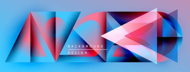 Soyut geometrik şekiller, canlı renkler, modern tasarım. Mavi, pembe, kırmızı gradyanlar dinamik görsel efekt yaratır. Arkaplan ögeleri derinlik.