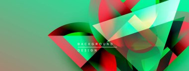 Soyut geometrik şekiller örtüşüyor, canlı yeşil, kırmızı, sarı renkler yaratıyor. Modern tasarım elementleri dinamik bileşimi önerir.