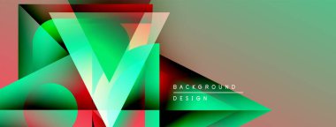 Soyut geometrik şekiller örtüşüyor, canlı renk eğimleri yaratıyor. Tasarım yeşil, kırmızı ve nötr tonlara sahiptir. Modern estetik.
