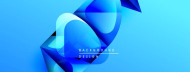 Soyut mavi şekiller üst üste binerek dinamik bileşim oluşturuyor. Renkler derinliği gösteriyor, modern tasarım estetiği. Mevcut en küçük metin.