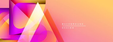 Soyut geometrik şekiller örtüşüyor, canlı renk eğimleri yaratıyor. Sıcak tonlar sağ tarafa baskın, serin renkler sol tarafa. Modern tasarım ögesi.