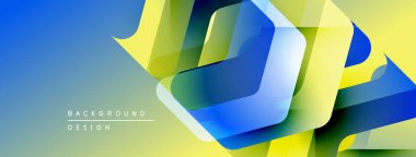 Soyut geometrik şekiller örtüşür, parlak mavi, sarı ve yeşil renkler yaratır. Arkaplan ve sunumlar için modern tasarım ögesi.