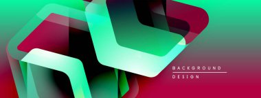 Soyut geometrik şekiller örtüşüyor, canlı renk eğimleri yaratıyor. Teal, morumsu, turkuaz renkler dizaynda baskın. Modern estetik.