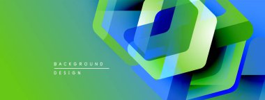 Soyut geometrik şekiller örtüşüyor, canlı yeşil, mavi renkler yaratıyor. Modern tasarım dinamik hareket ve görsel enerji öneriyor.