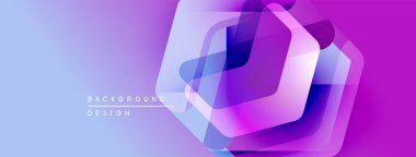 Soyut geometrik şekiller örtüşüyor, canlı mor, pembe renkler yaratıyor. Arkaplan gradyan, modern tasarım elementleri.