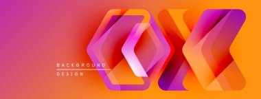 Soyut geometrik tasarım. Canlı gradyanlar katmanlı şekiller yaratır, turuncu, pembe, mor renkler kompozisyona hakim olur. Metin arkaplan tasarımı okur.