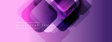 Soyut geometrik şekiller üst üste binerek canlı mor gradyan oluşturur. Modern tasarım elementleri teknoloji ve yenilik öneriyor. Minimalist stil.