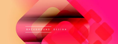 Soyut geometrik şekiller örtüşür, canlı bir gradyan arkaplan oluşturur. Pembe, turuncu renkler dizayn ve mevcut metne hakim..