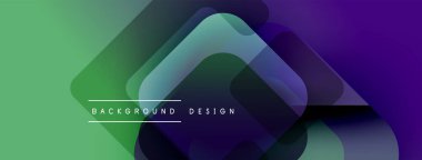Soyut geometrik şekiller örtüşür, canlı bir değişim etkisi yaratır. Modern tasarım yeşil, mor renkler kullanır. Minimalist stil.