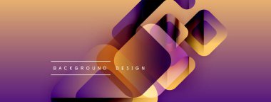 Soyut geometrik şekiller örtüşür, canlı bir gradyan arkaplan oluşturur. Mor, turuncu renkler kompozisyona hakim. Modern tasarım ögesi.