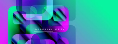 Soyut geometrik şekiller örtüşür, canlı gradyanlar yaratır. Mor, mavi, yeşil renkler tasarımda baskın. Modern estetik.