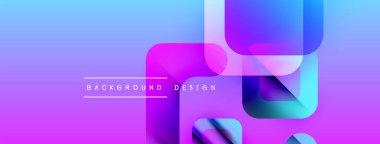 Soyut geometrik şekiller örtüşüyor, canlı mor ve mavi renkler yaratıyor. Arkaplan tasarımı yuvarlak kareler, modern estetik.