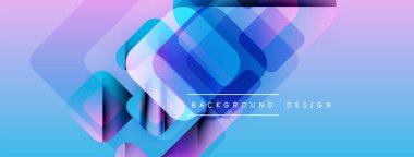 Soyut geometrik şekiller örtüşür, parlak mavi ve mor renkler yaratır. Modern tasarım elementleri teknoloji ve yenilik öneriyor. Arkaplan metin içerir.