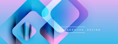 Soyut geometrik şekiller örtüşür, parlak mavi ve mor renkler yaratır. Modern tasarım elementleri teknoloji ve yenilik öneriyor.